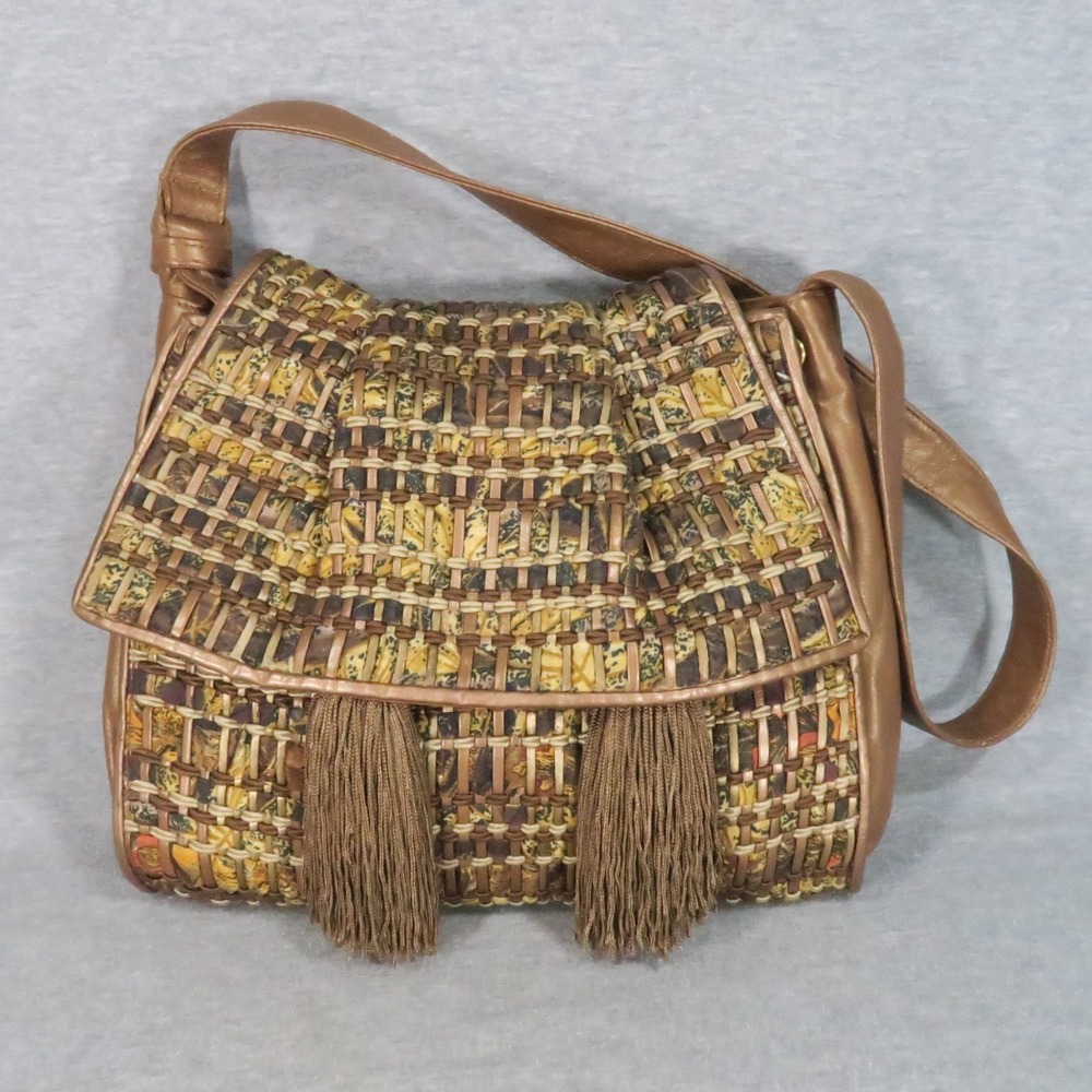Sharif Woven Leather Handbag Shoulder Bag Metallic Bronze Tassel Adjustable Boho